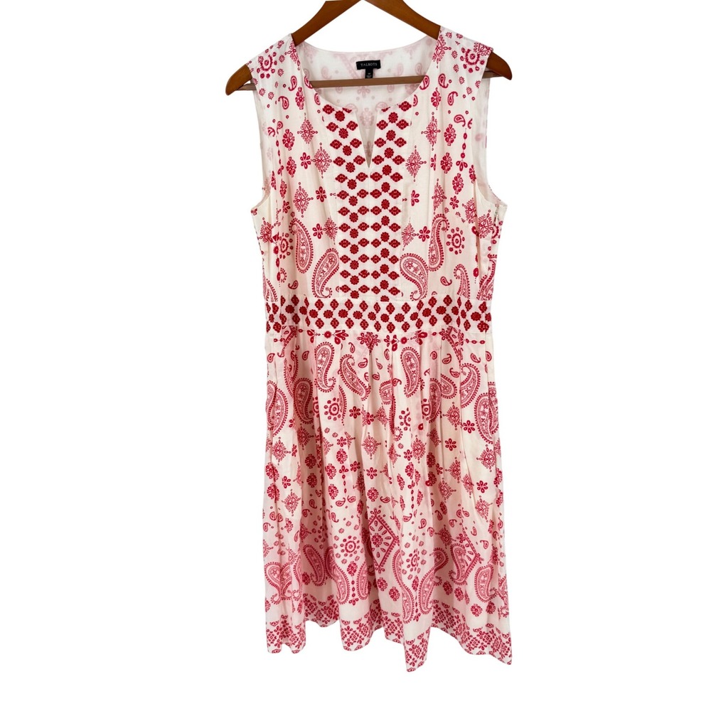 Talbots Sleeveless Midi Dress Red White Paisley Size 14 Bandana Print Western